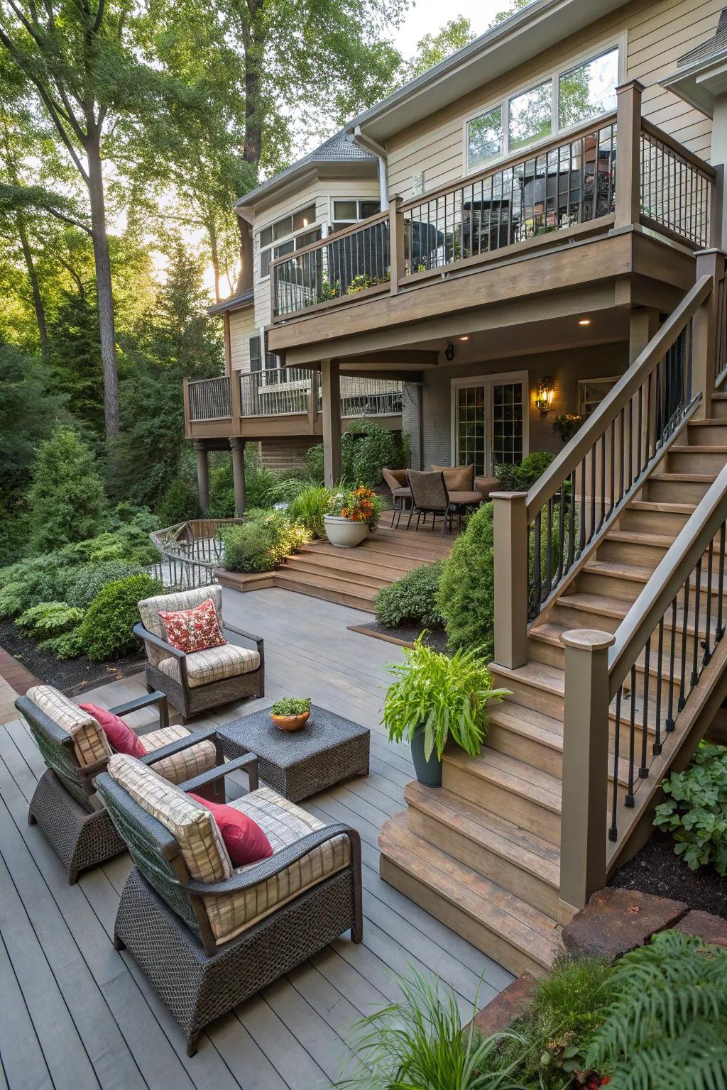 A multi-level design adds dimension and separates functional spaces on your patio.