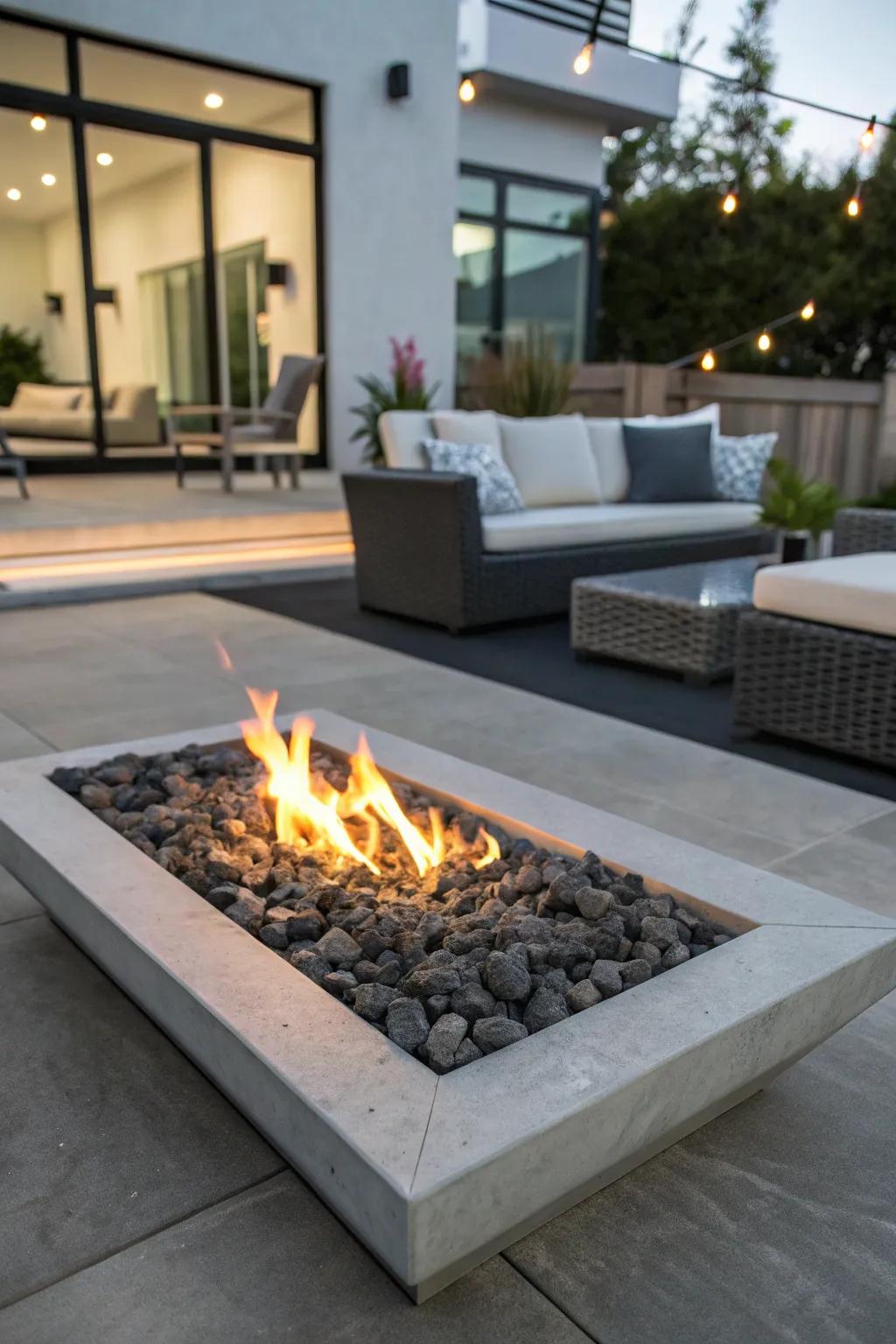 Grey lava glass providing a minimalist touch to a modern fire pit.