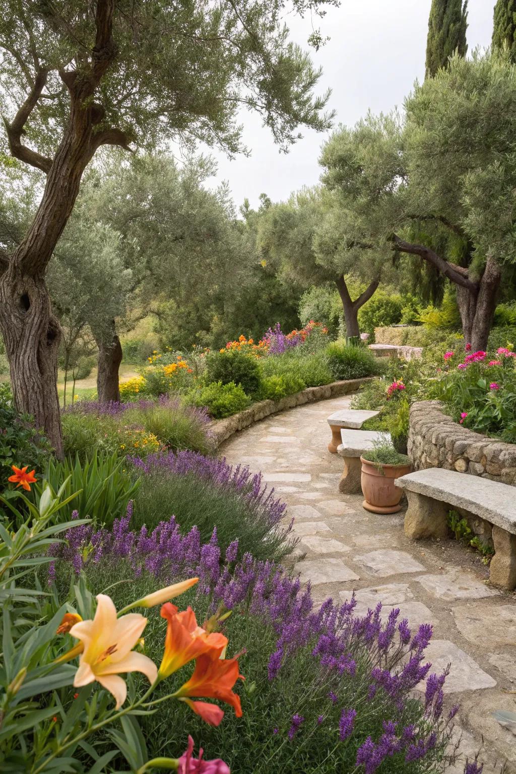 Mediterranean plants complementing a lily garden.