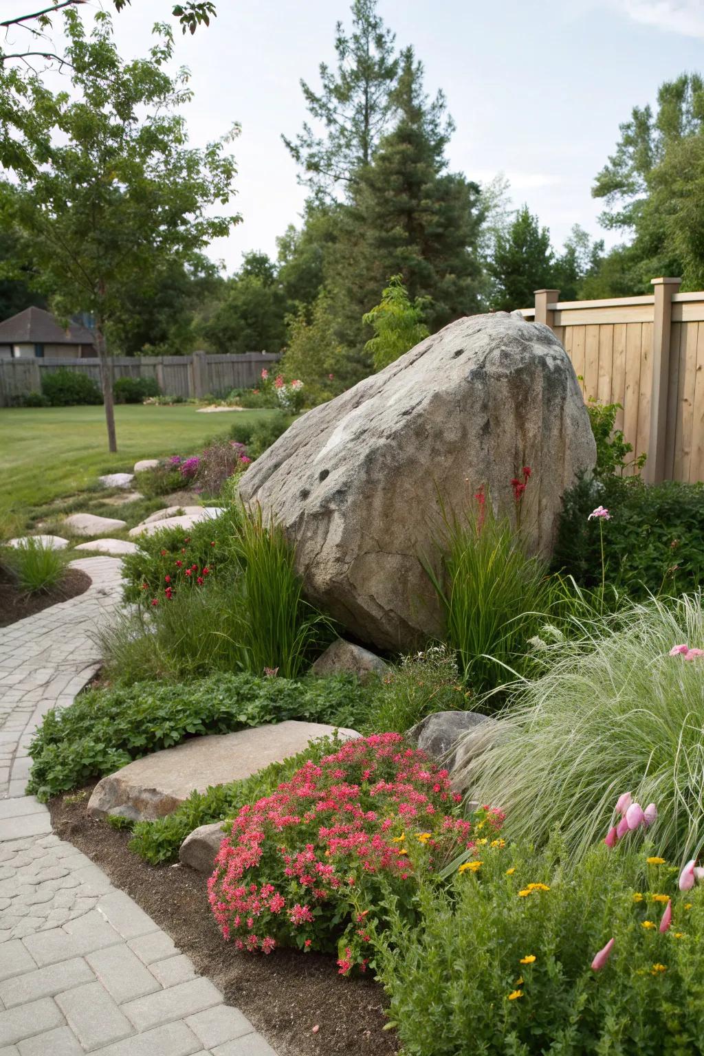 A limestone centerpiece makes a bold statement in the garden.