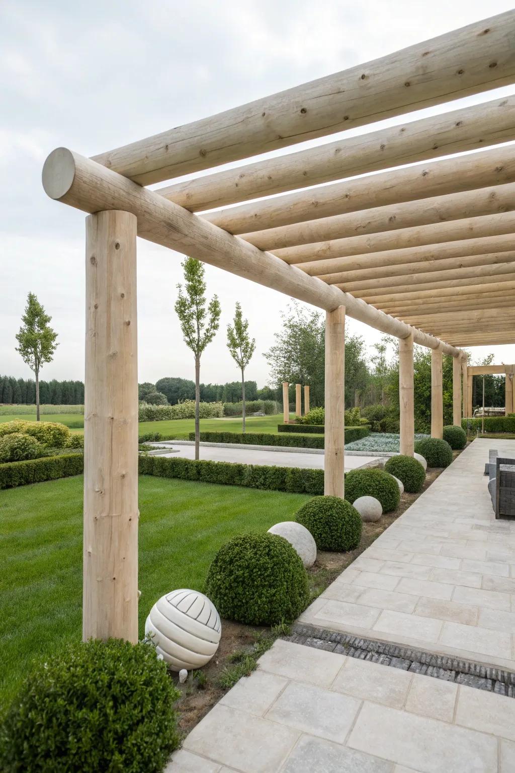 A minimalist log pergola with sleek, clean lines.
