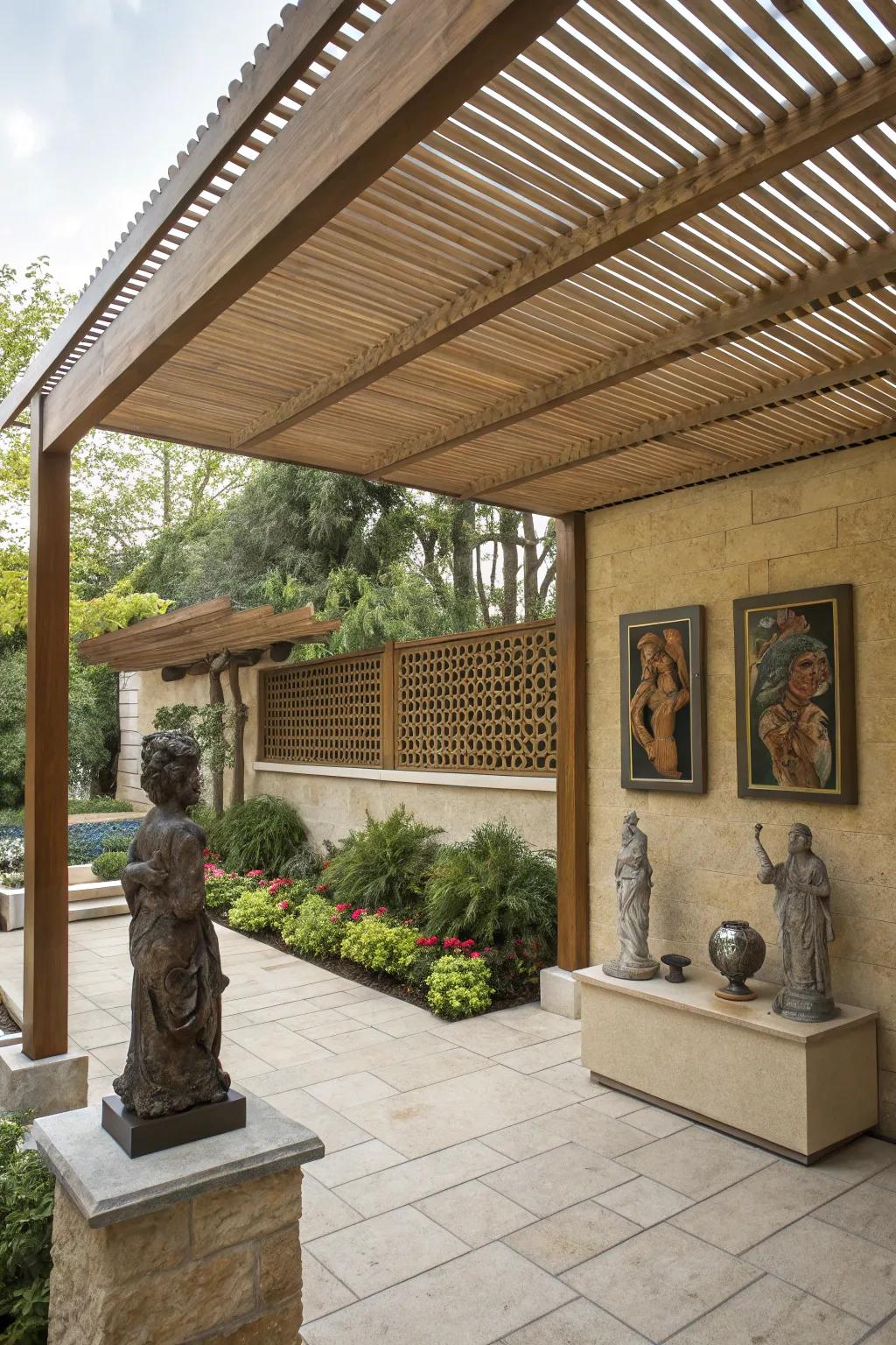 An artistic touch under a louvered cover.