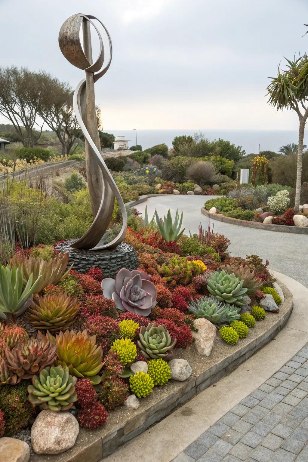 Artistic sculptures add a personal touch to succulent gardens.