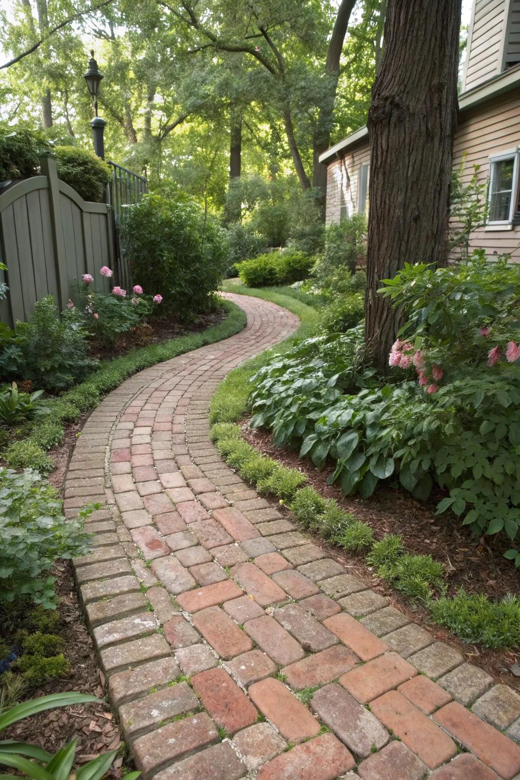 Recycled materials adding unique charm and eco-friendliness to a side yard.