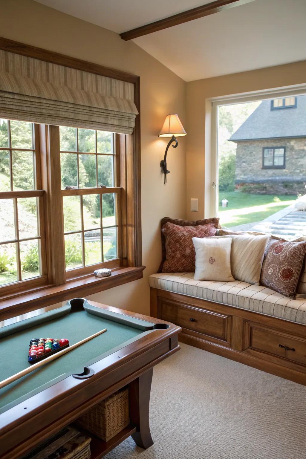 A window seat can add comfort and charm to your pool room.