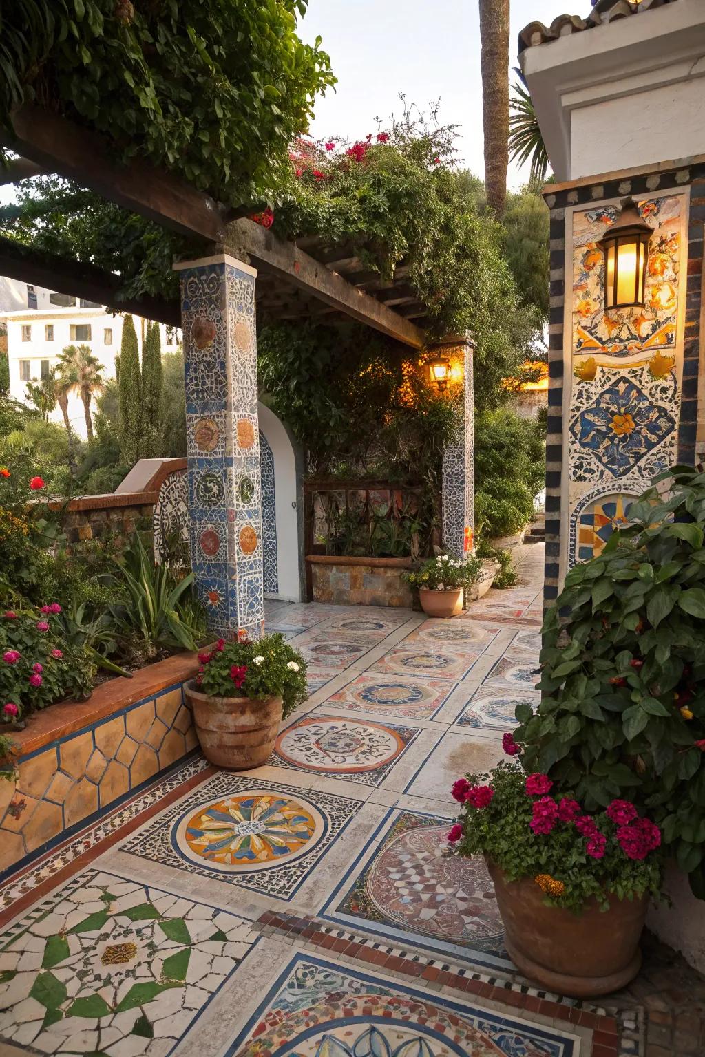 Mosaic tiles add color and artistic flair to the patio.