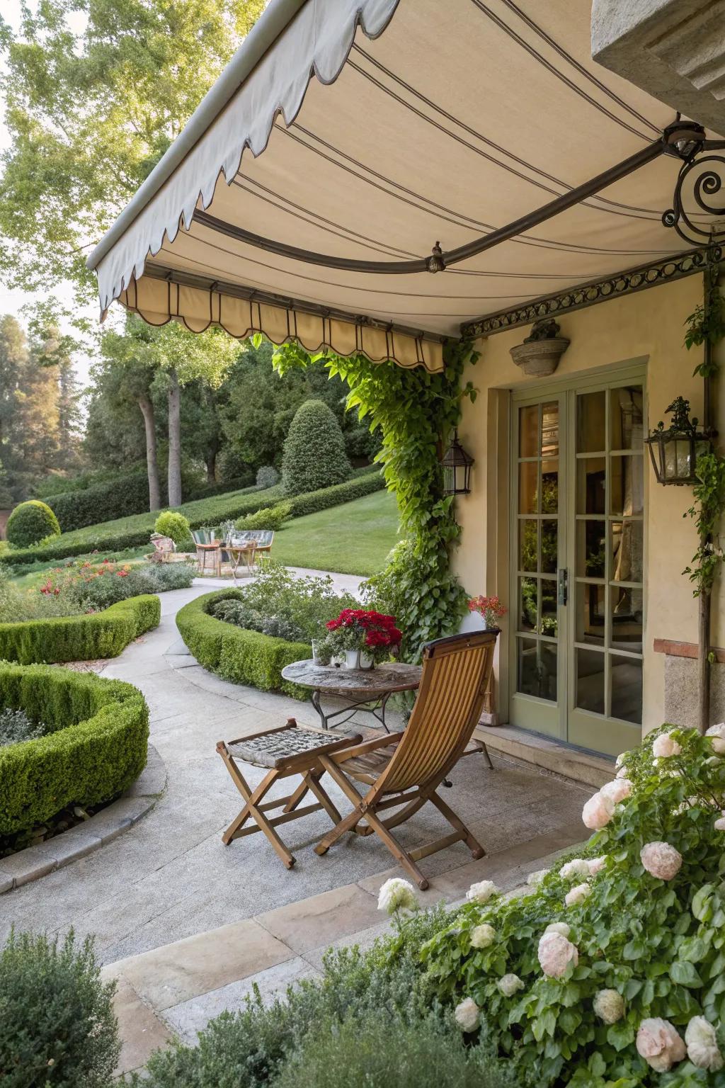 Vintage-inspired awnings add a touch of classic elegance to any patio.
