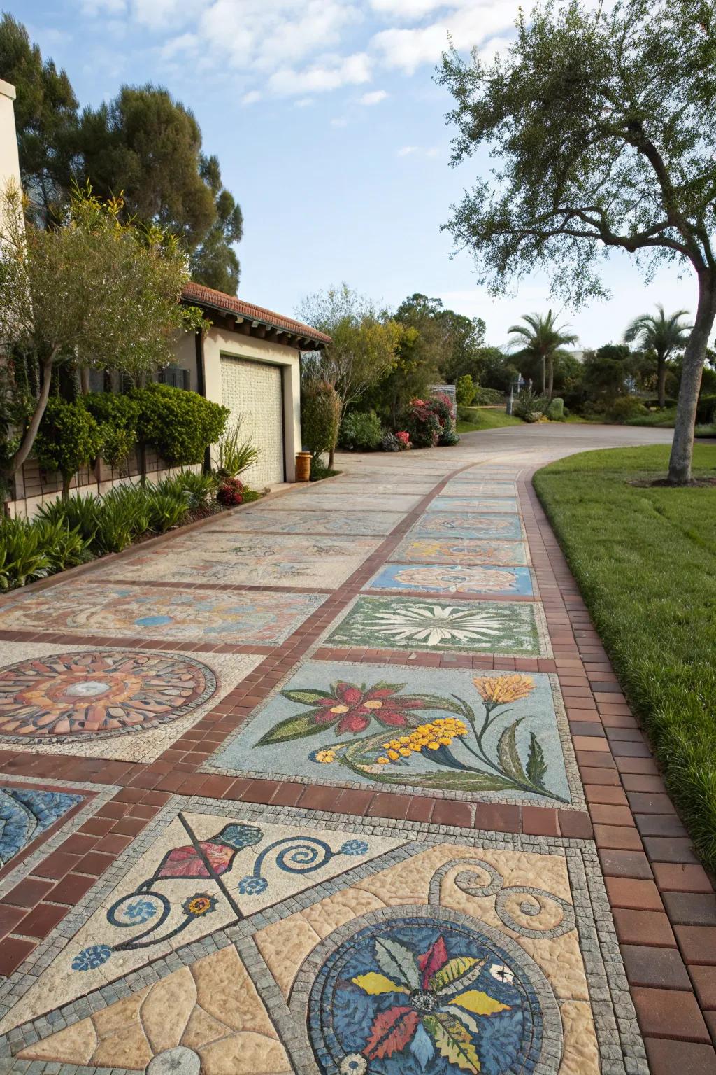 A driveway with vibrant mosaic patterns for an artistic touch.