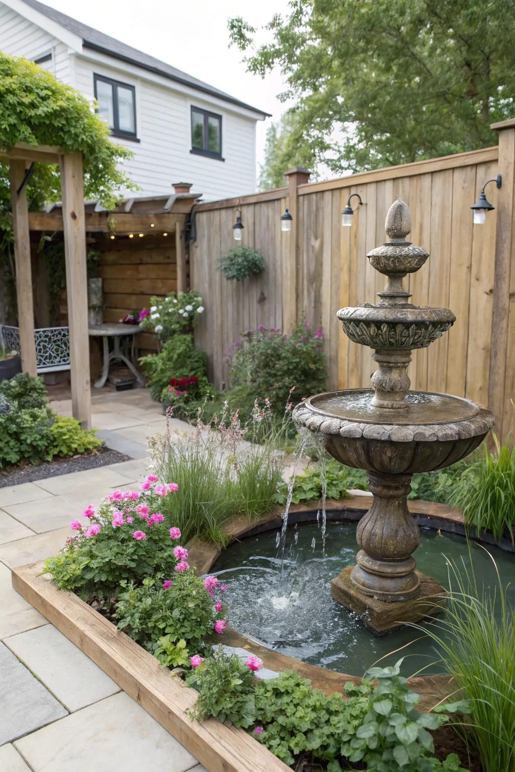 Water features add tranquility and surprise to the garden.