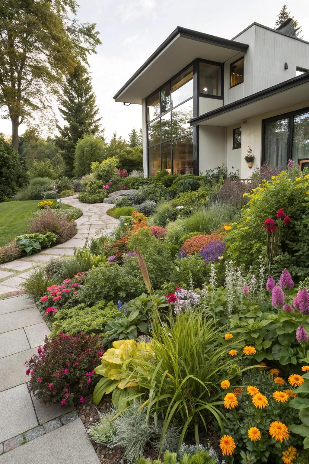 Maximalism in landscaping creates a vibrant and lush garden scene.