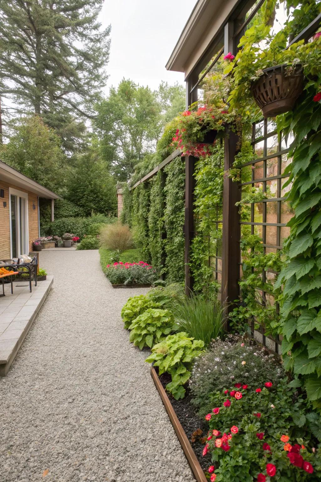 Vertical garden walls add lushness and height to a patio.
