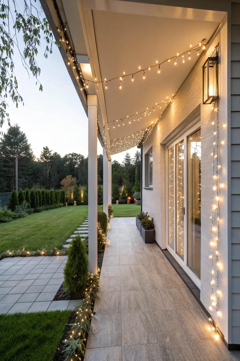 A modern porch illuminated by whimsical fairy lights.