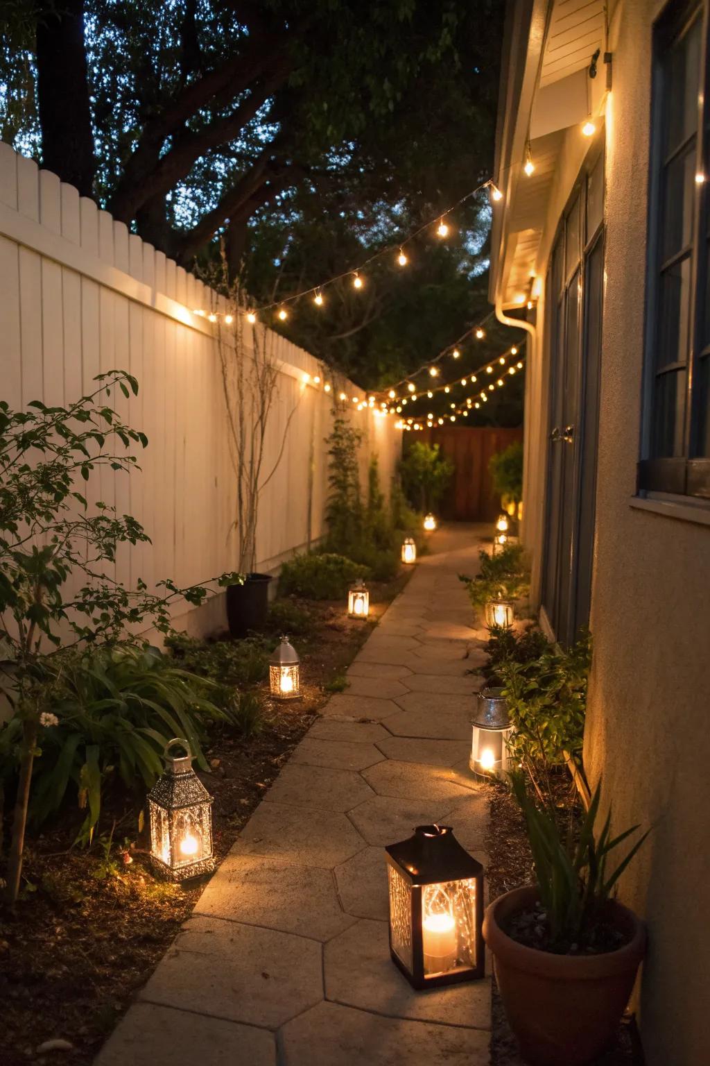 Magical lighting creates a whimsical atmosphere in your side yard.