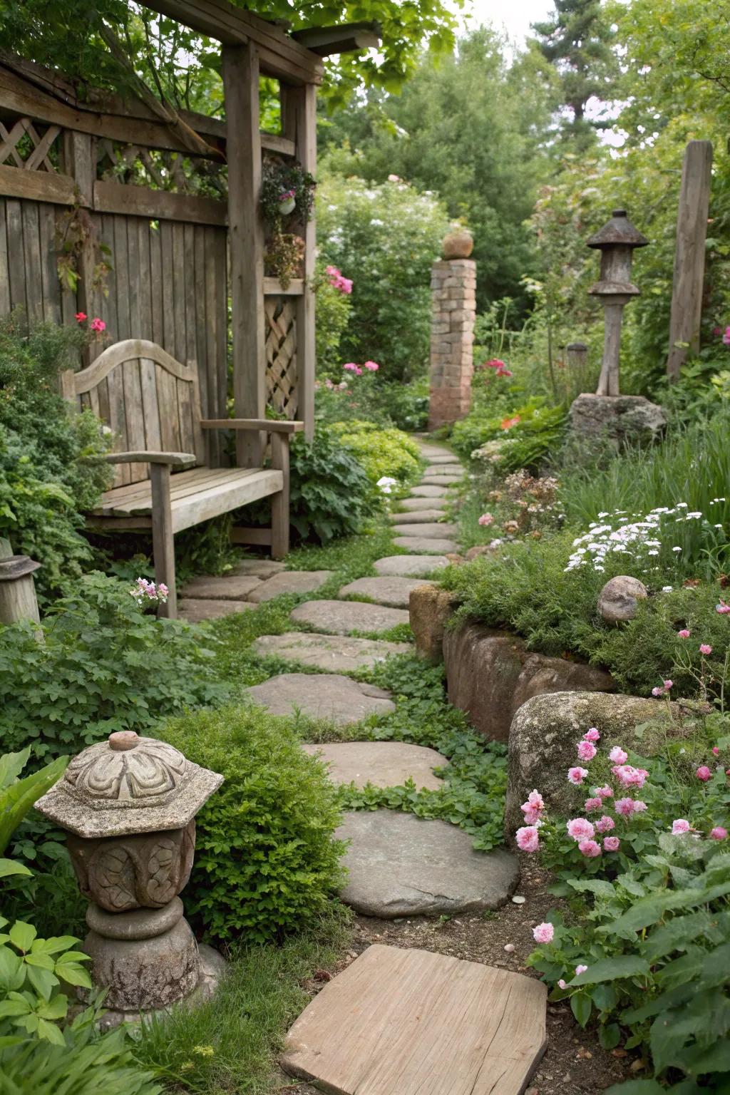 Garden elements crafted from reclaimed materials, adding rustic charm.