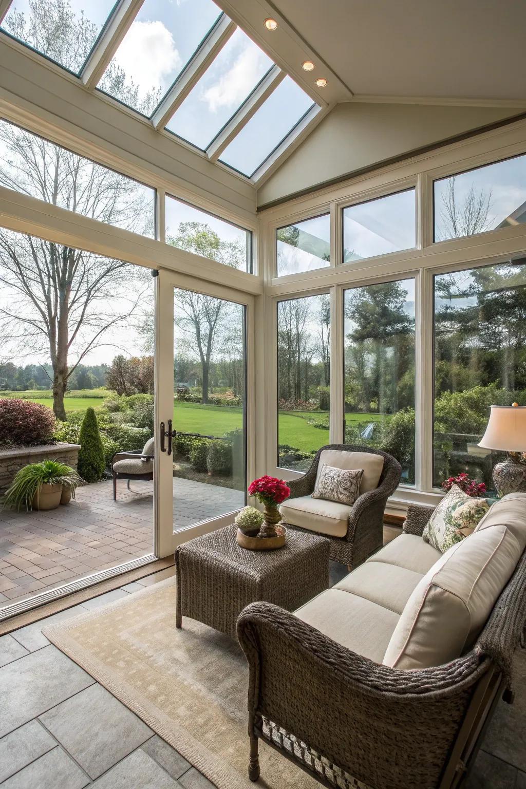 A sunroom patio extension that blends indoor comfort with outdoor beauty.