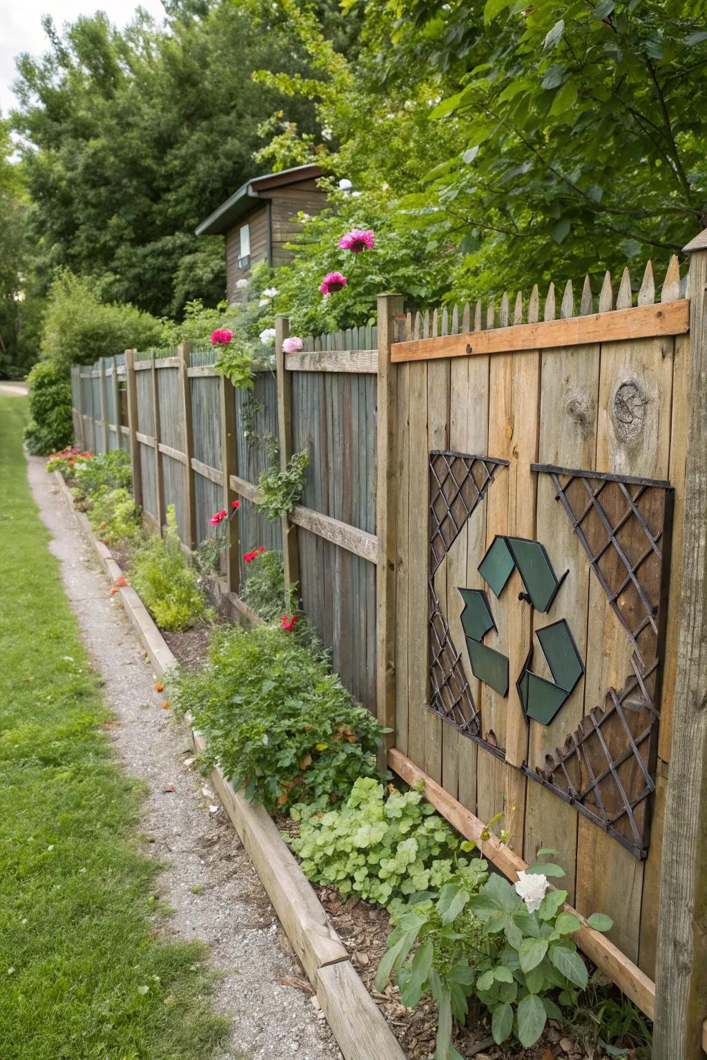 An eco-friendly fence made from recycled materials, offering a unique and sustainable garden boundary.