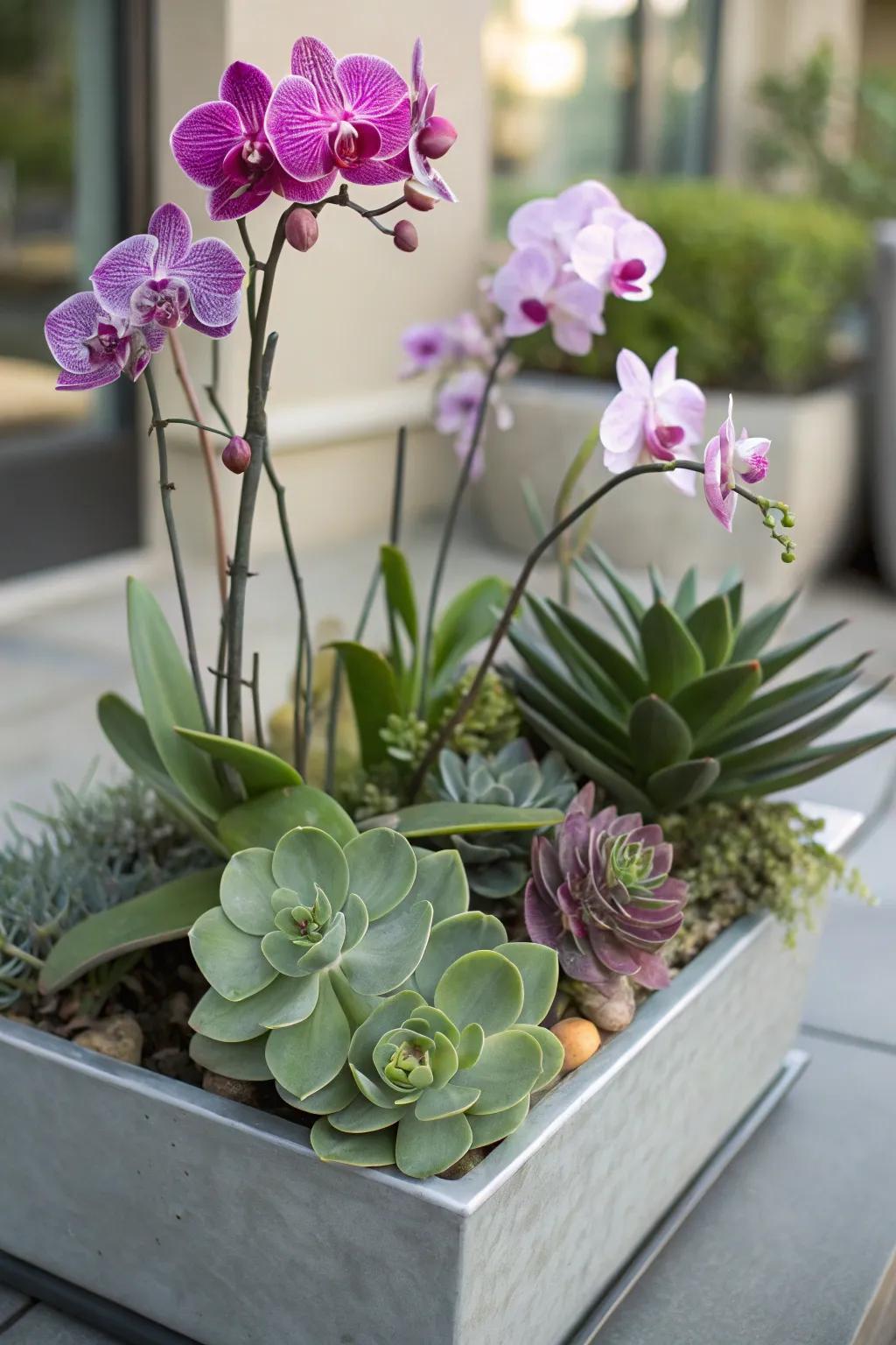 Orchids and succulents create a striking, low-maintenance combination.