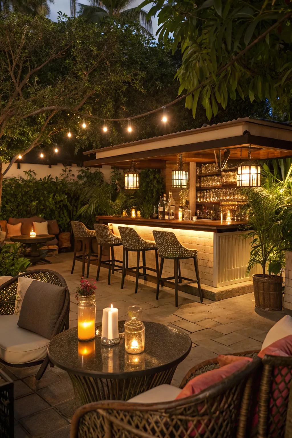A cozy corner bar makes efficient use of space.