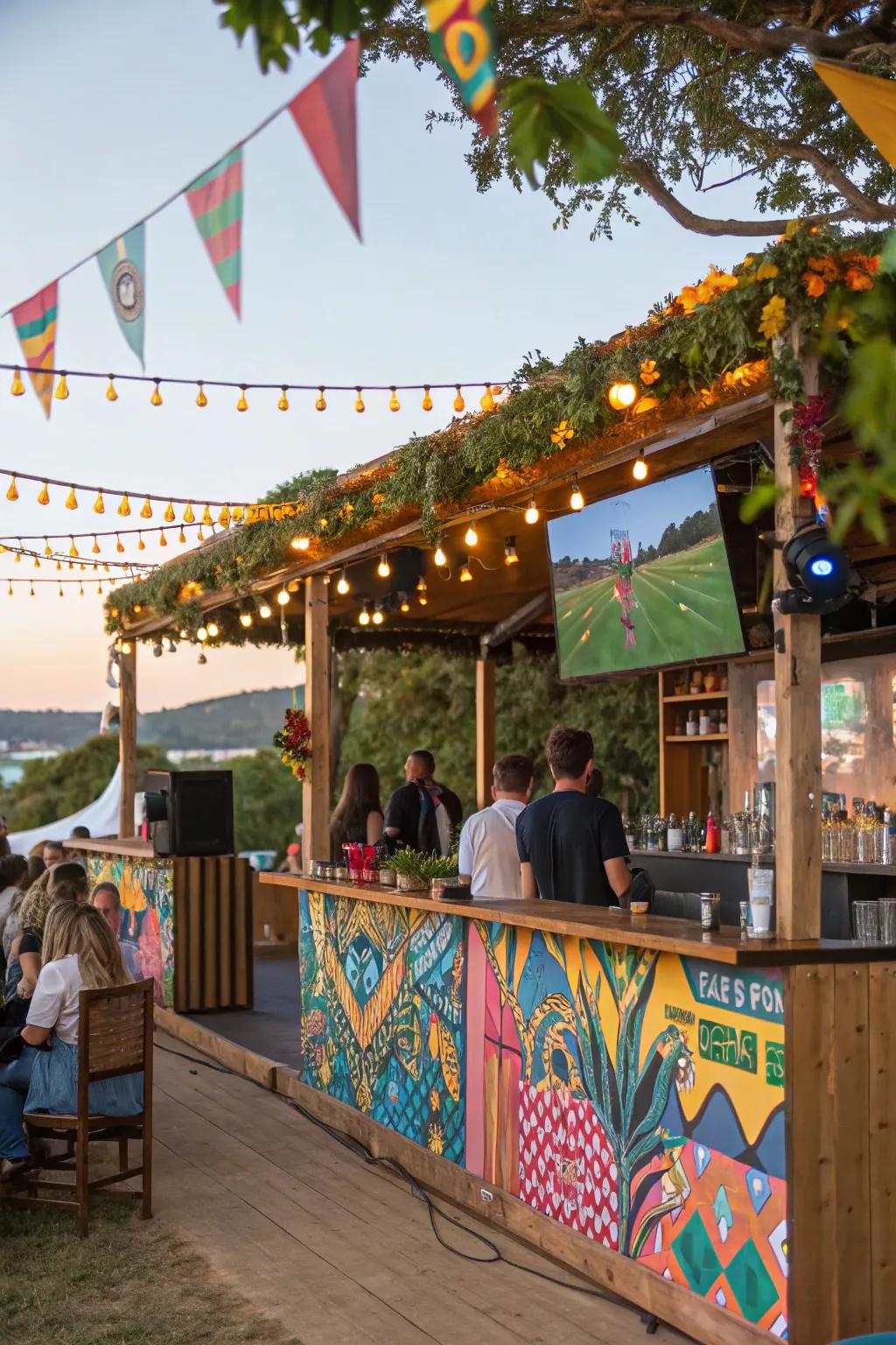 Bring the festival spirit to your backyard with a vibrant bar and TV area.