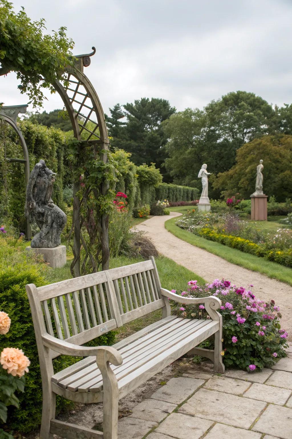 A bench adorned with art sculptures, enhancing the garden's aesthetic.