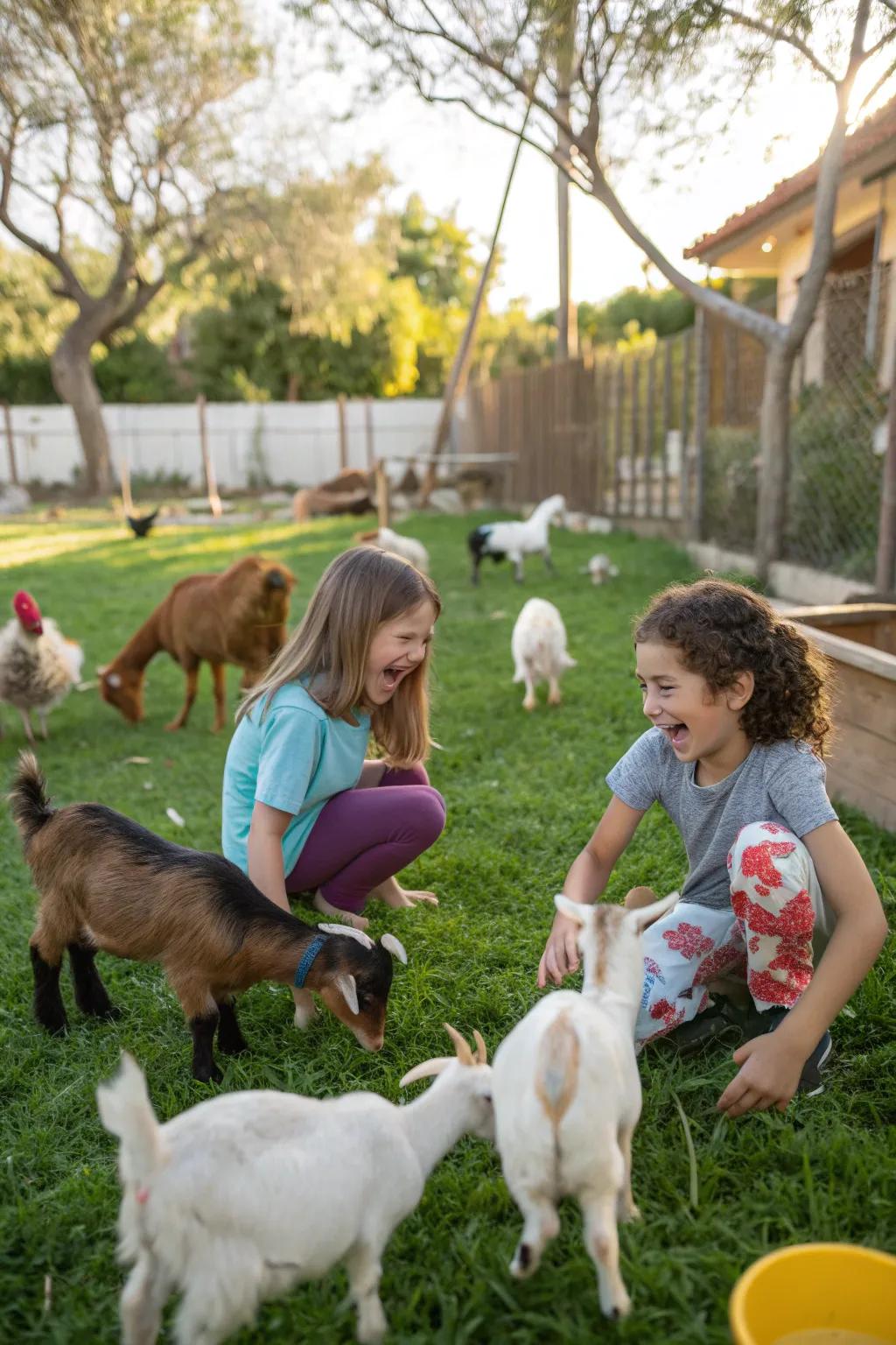 Kids joyfully interacting with friendly farm animals at a birthday party.
