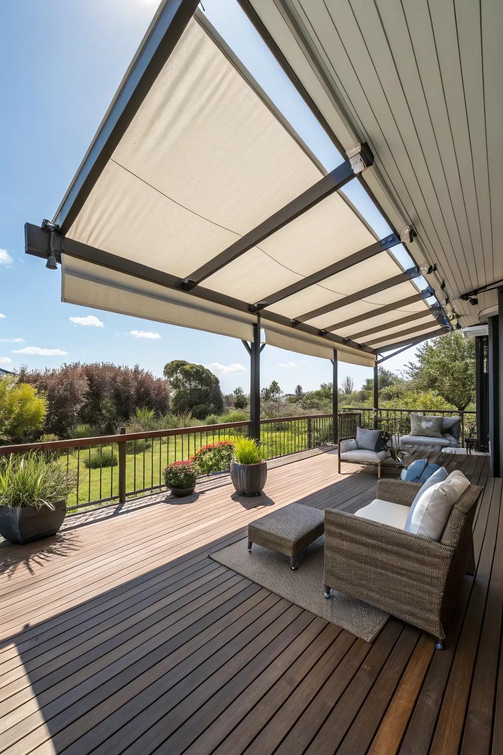 A deck with an open roof and adjustable sunshade options.