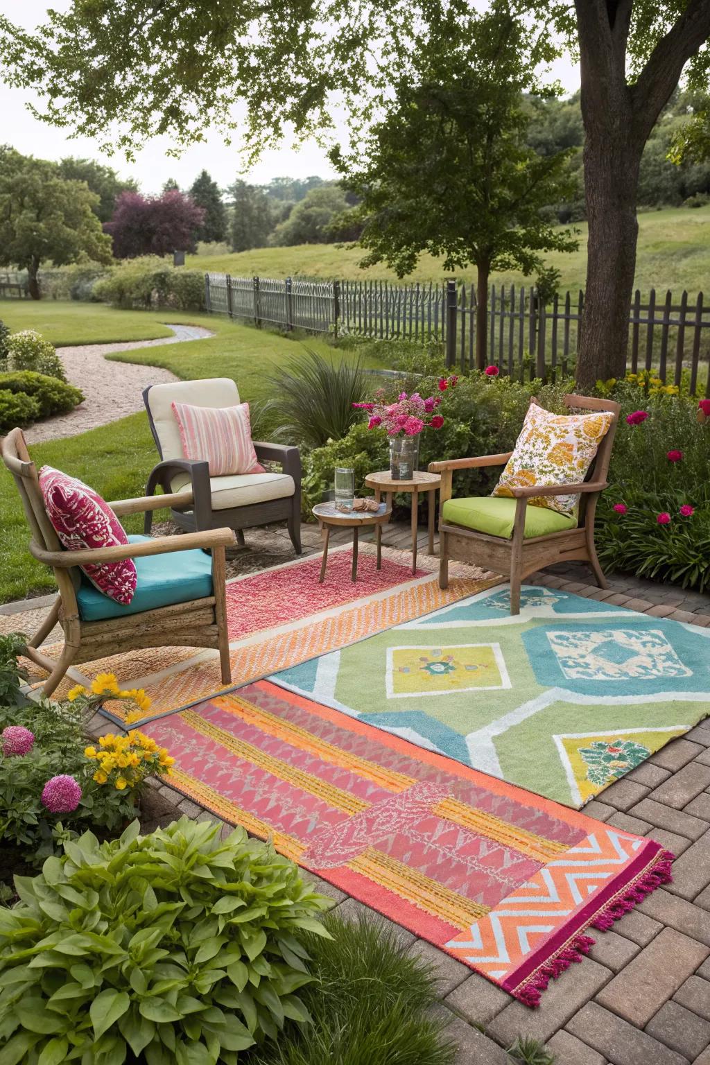Define your space with colorful and cozy outdoor rugs.