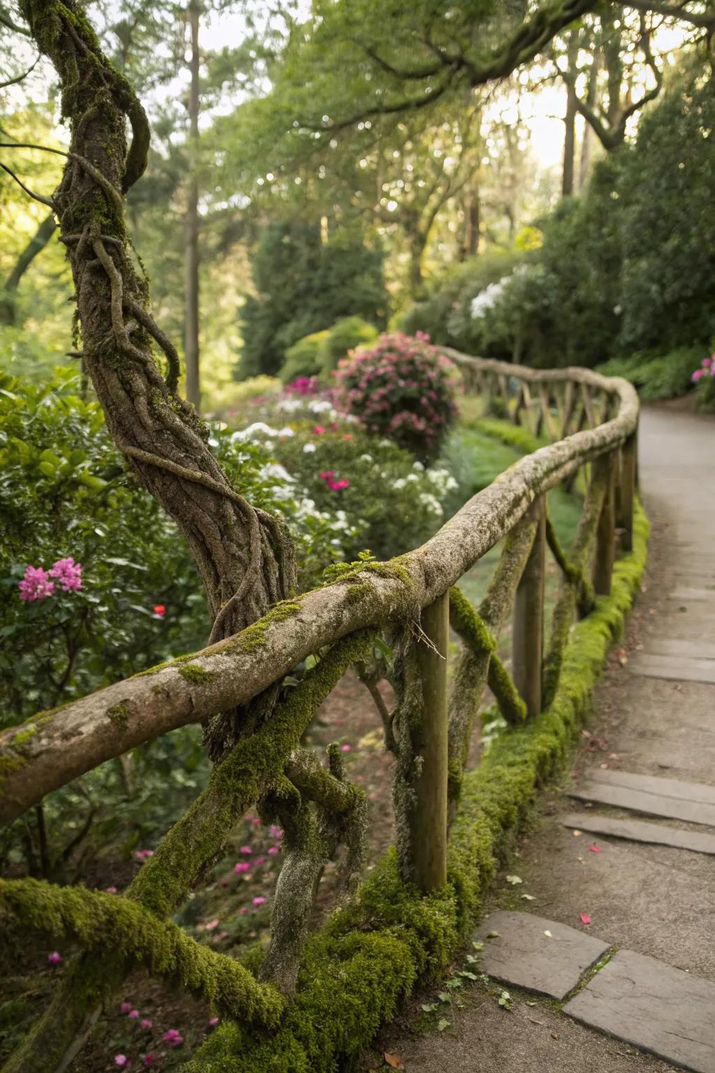 Twisted branches provide a raw and natural railing design.