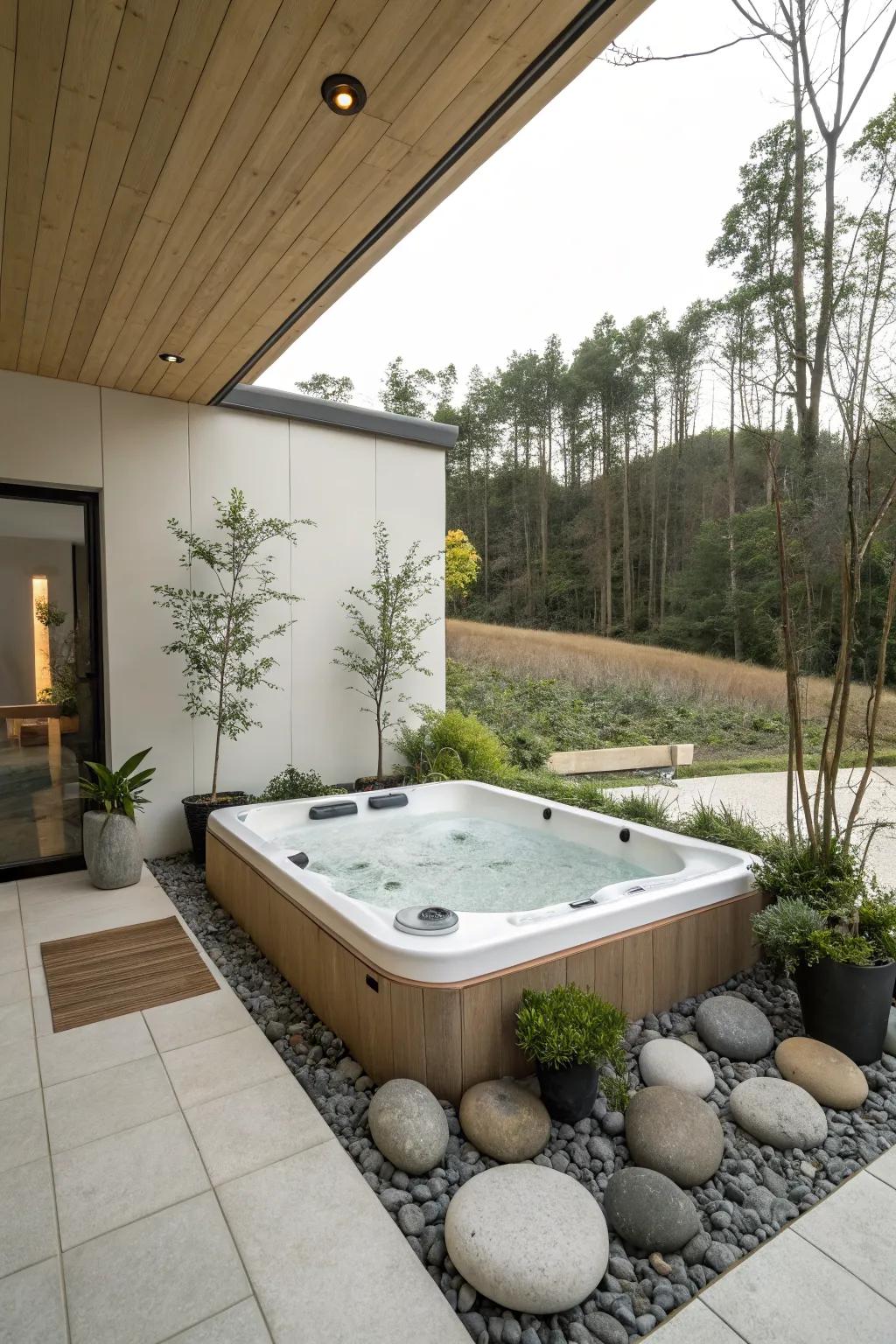 A minimalist design emphasizes simplicity and elegance around your hot tub.