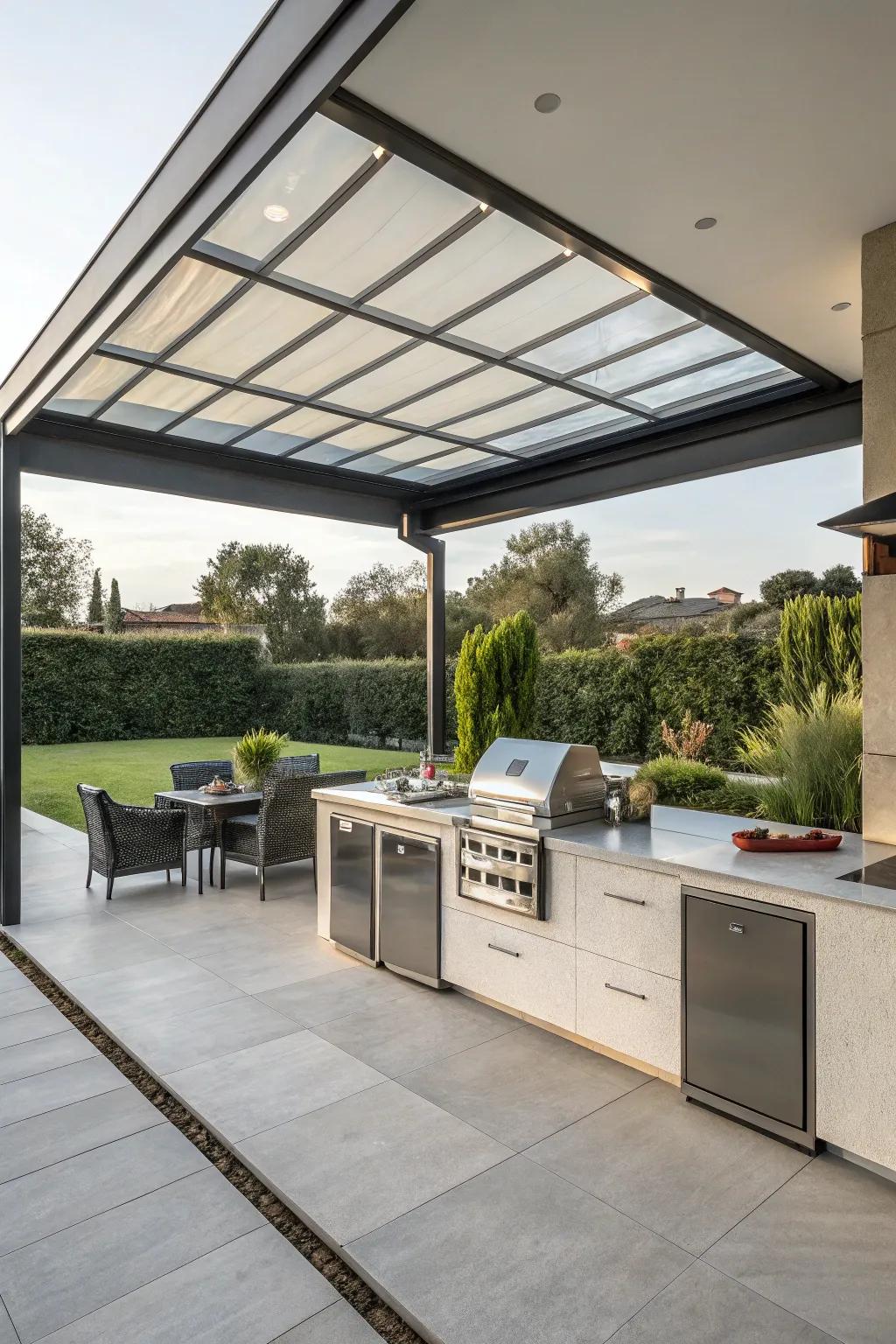 A floating roof design adds an innovative and airy feel to your outdoor kitchen.