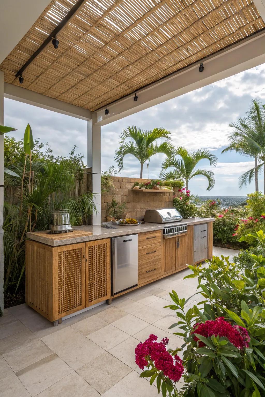 Wicker panels bring tropical vibes and a relaxed atmosphere to outdoor kitchens.