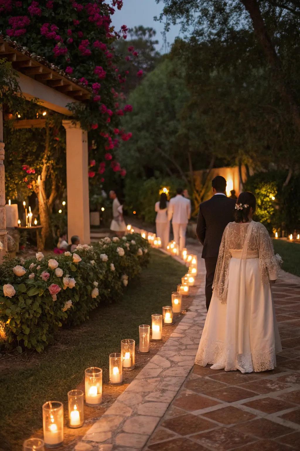 Candlelit pathways add warmth and romance to the venue.