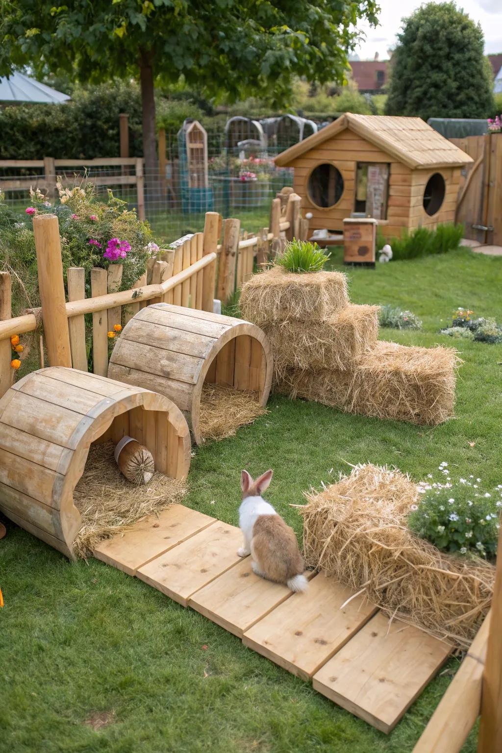 An eco-conscious rabbit play area using sustainable materials.