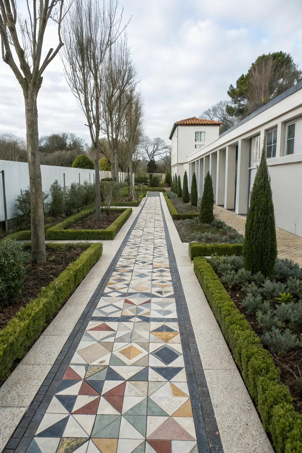 Geometric patterns add a modern twist to garden paths.