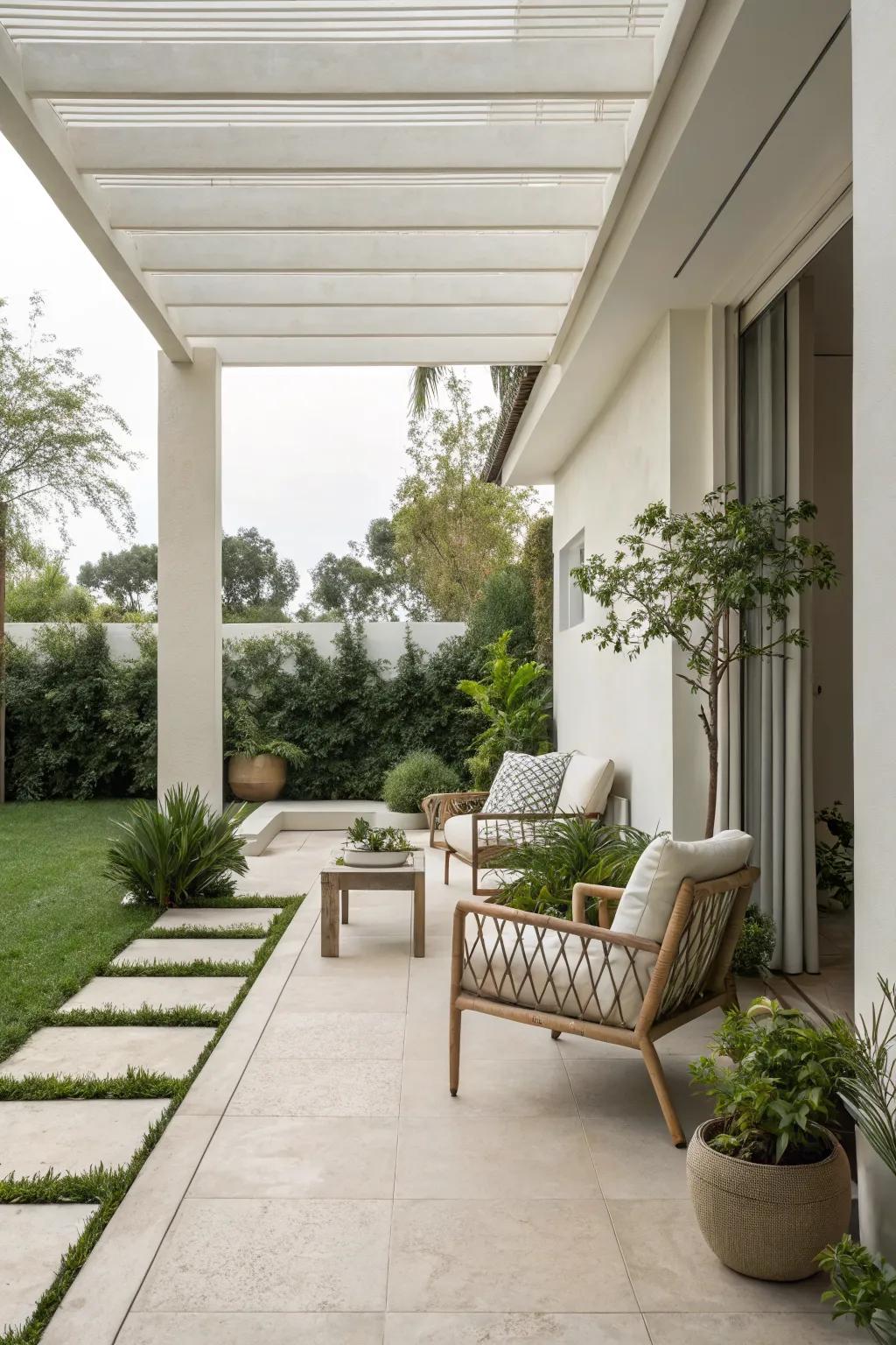 A minimalist patio design with clean lines and neutral decor.