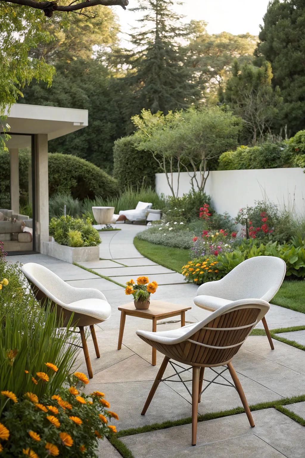 Retro chic mid-century modern chairs elevating the style of a sophisticated patio.