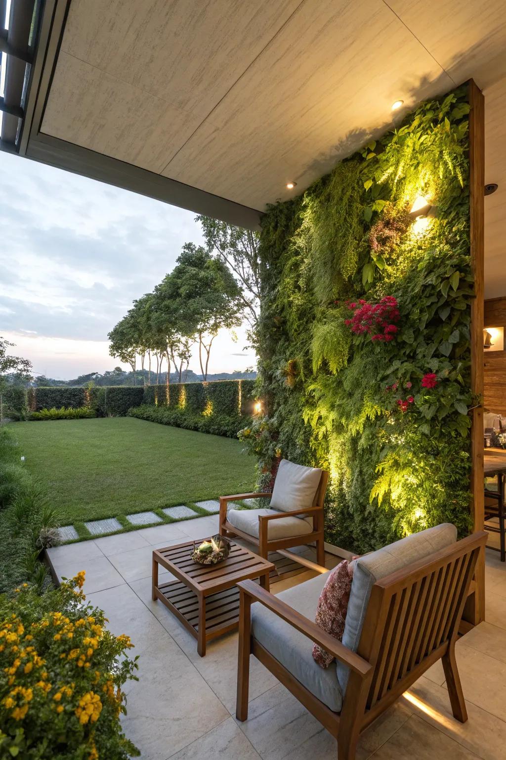 Vertical garden walls add life and freshness to patios.