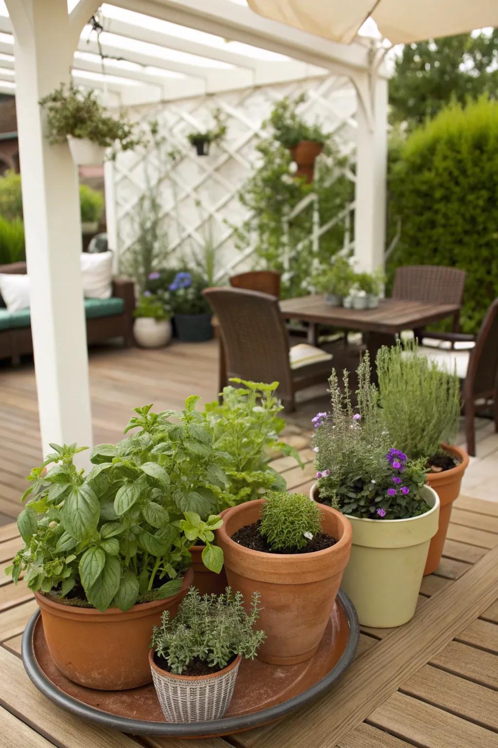 A mini herb garden adds greenery and practicality.