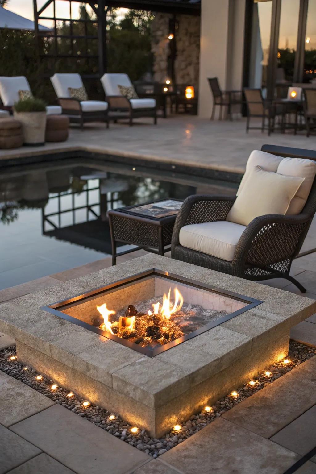 A fire pit featuring a shimmering reflective glass surface.