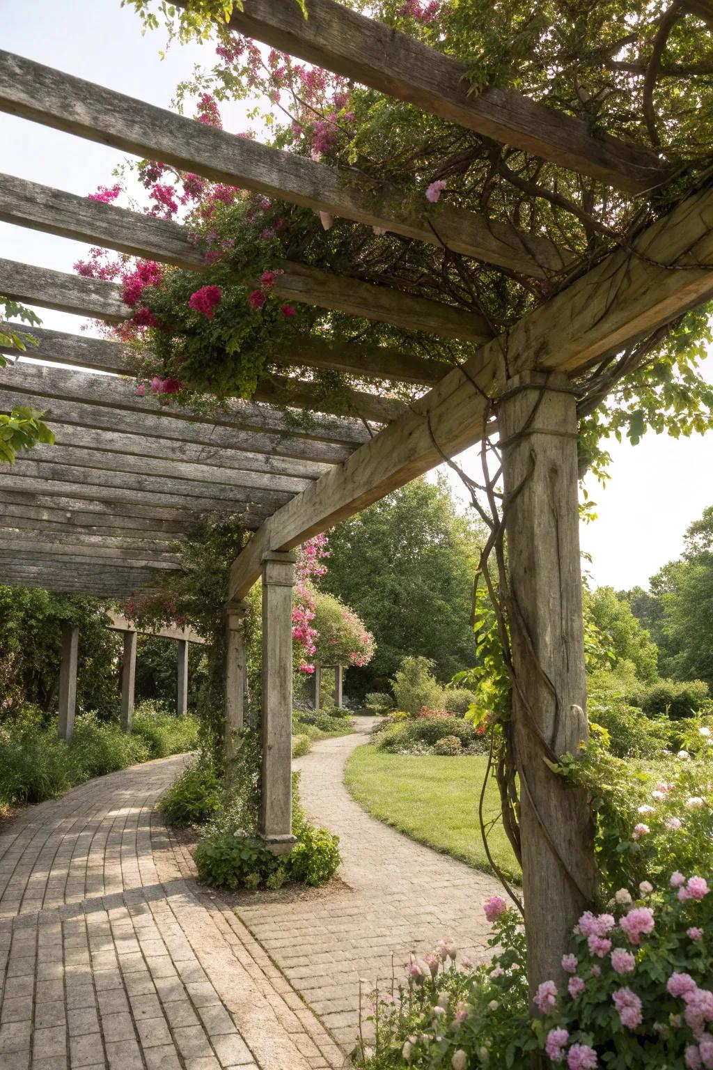 Slats and vines create a living, changing canopy.