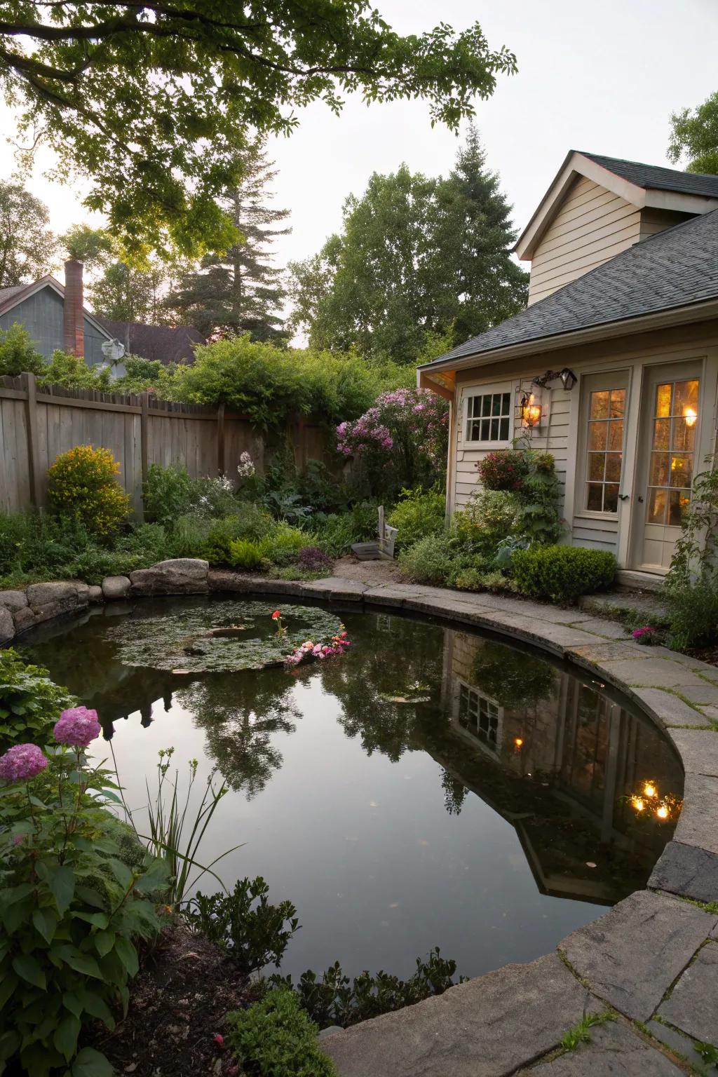 Reflective water mirrors add depth and serenity to a pie-shaped backyard.
