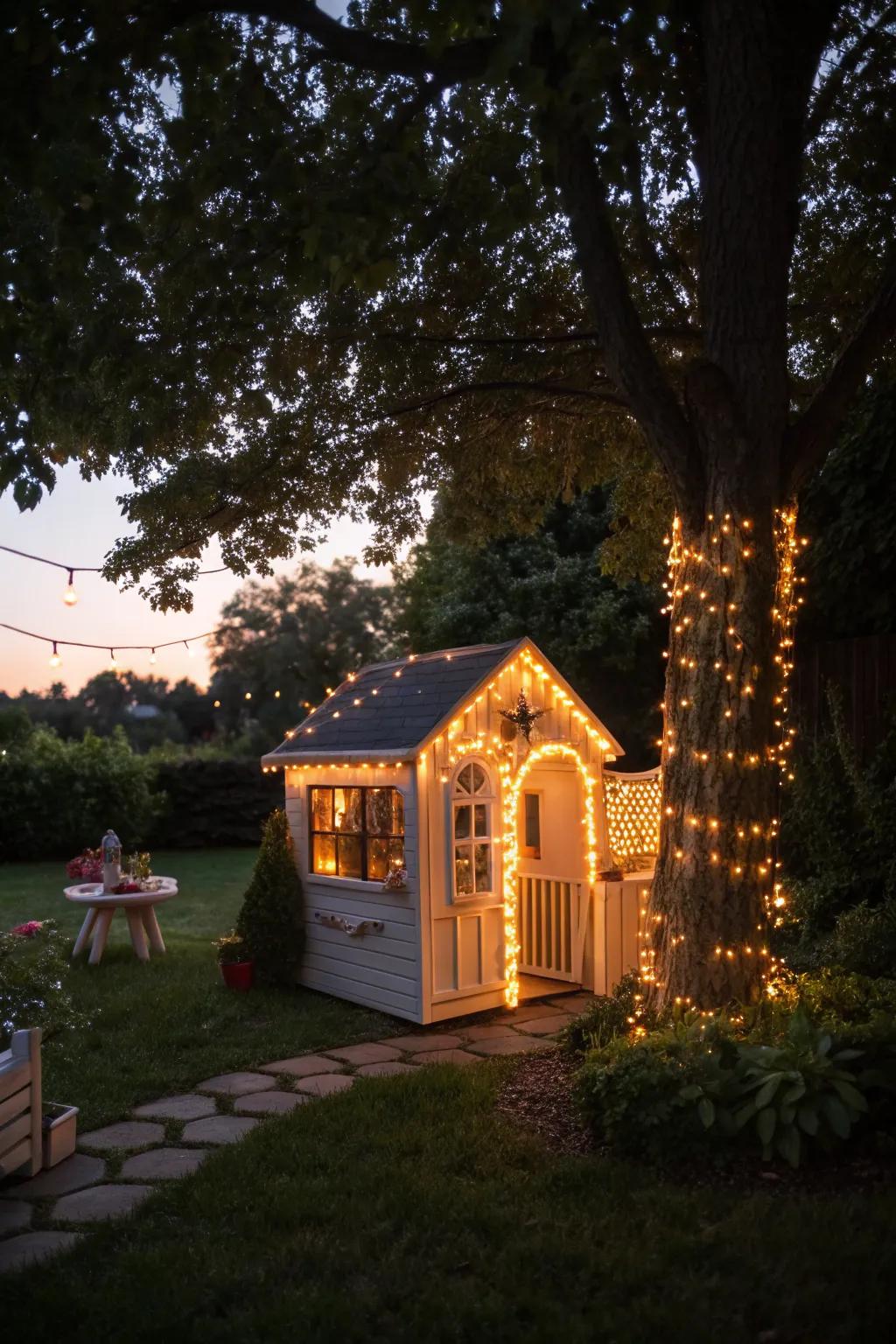 Twinkle lights cast a magical glow on twilight play sessions.