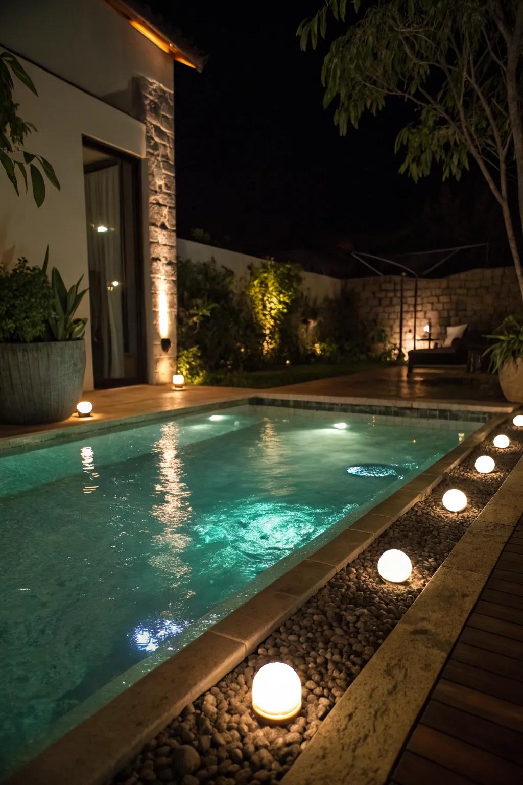 A plunge pool illuminated with magical underwater lighting.
