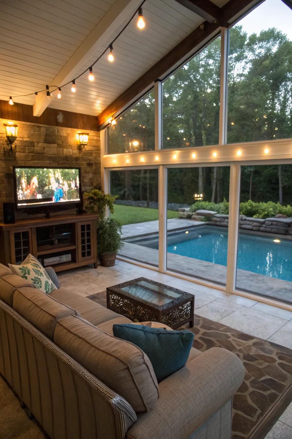 An entertainment area makes the pool house a year-round retreat.