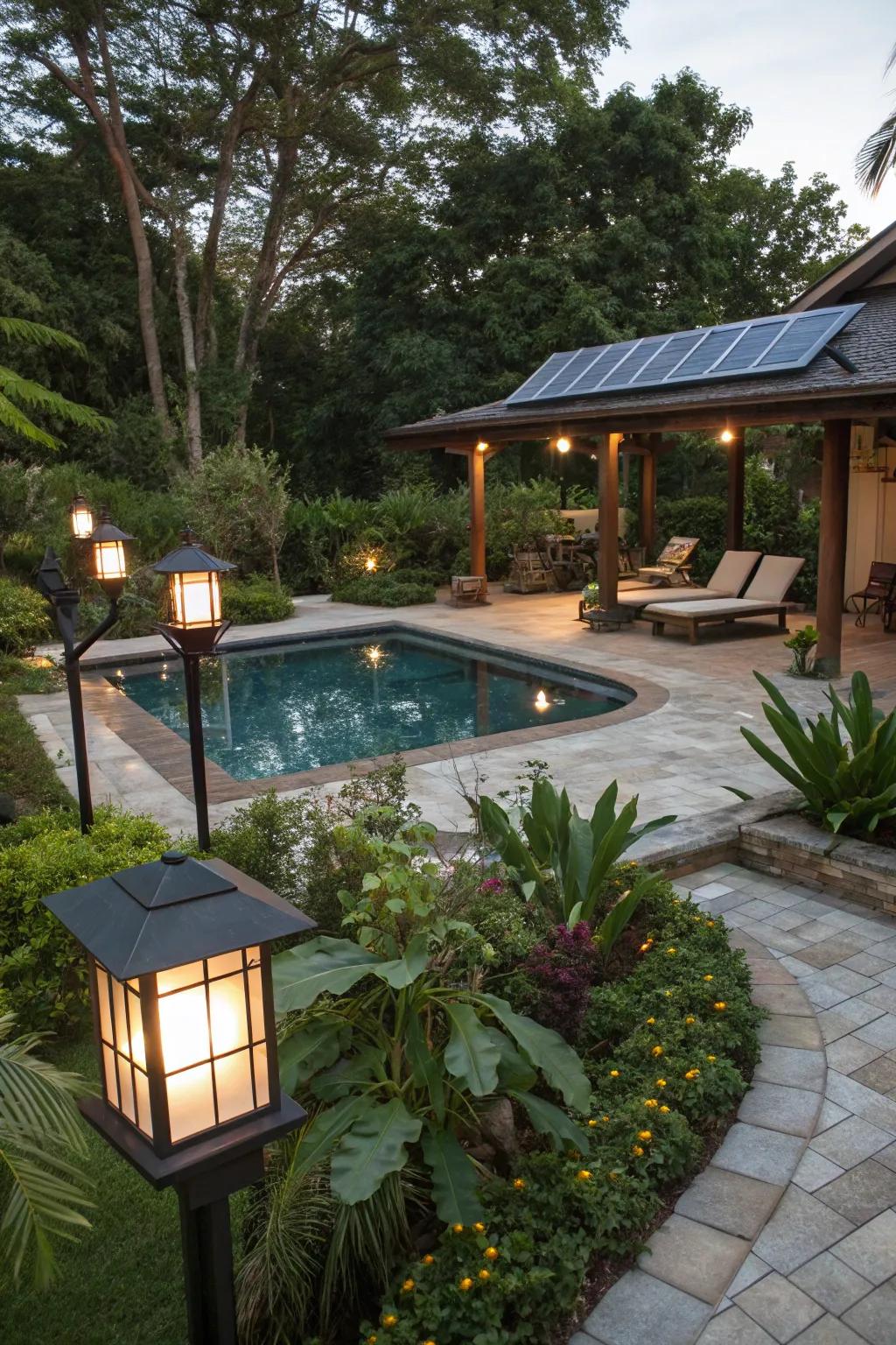 Solar-powered lights and eco-friendly features for a sustainable lanai.