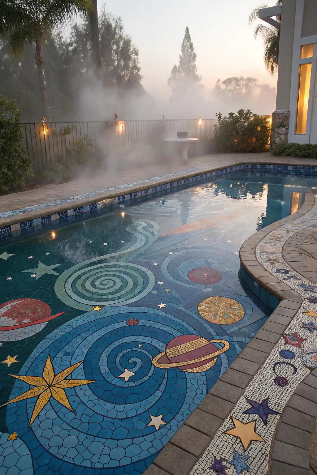A pool design inspired by the cosmos with celestial mosaic art.