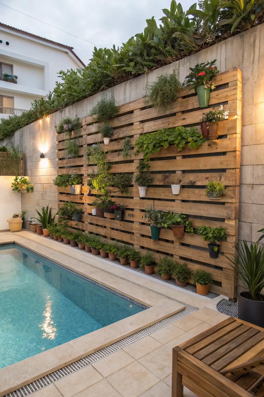Wooden pallets with plants offer a creative and green privacy wall.