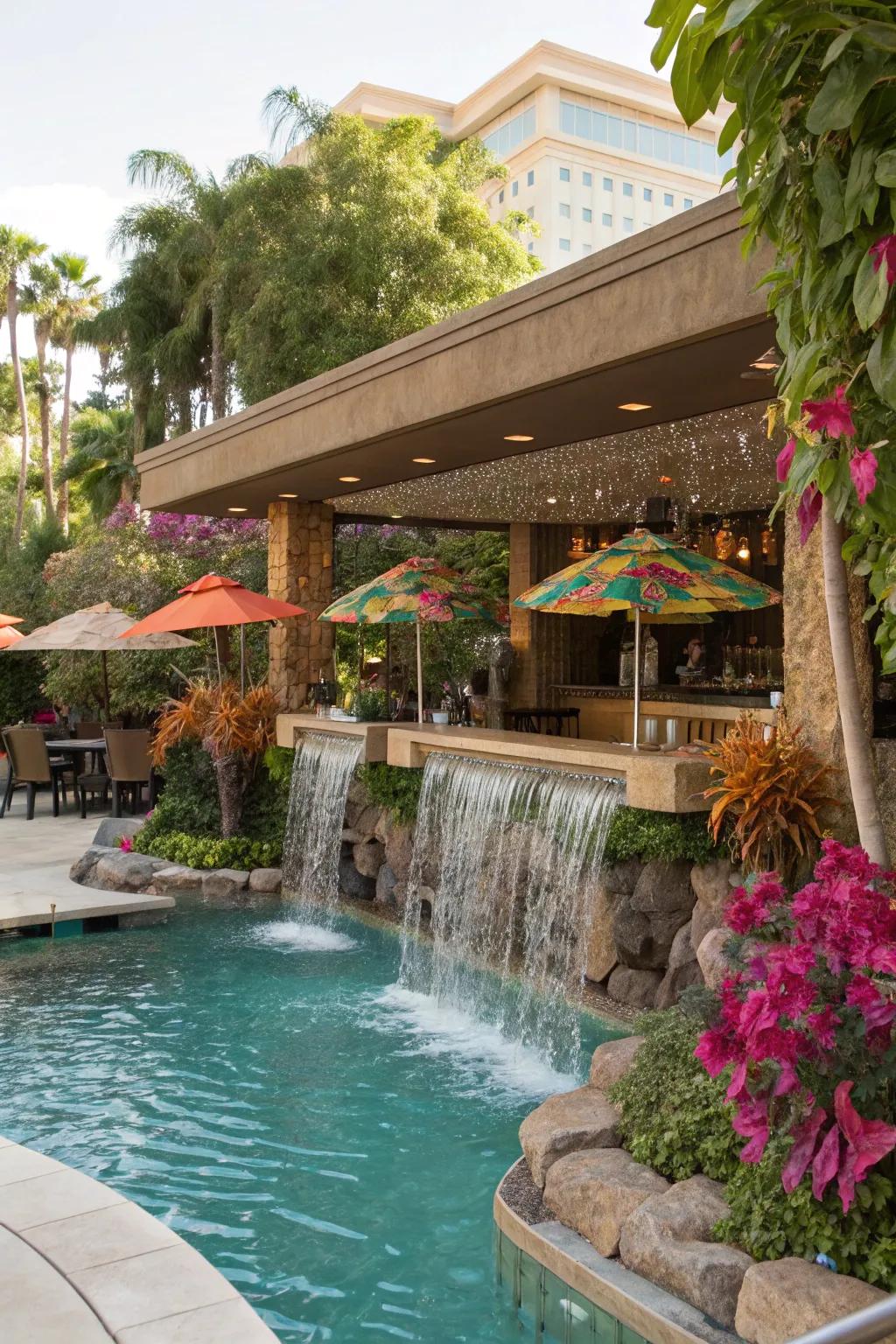 Create a serene atmosphere with a waterfall pool bar.
