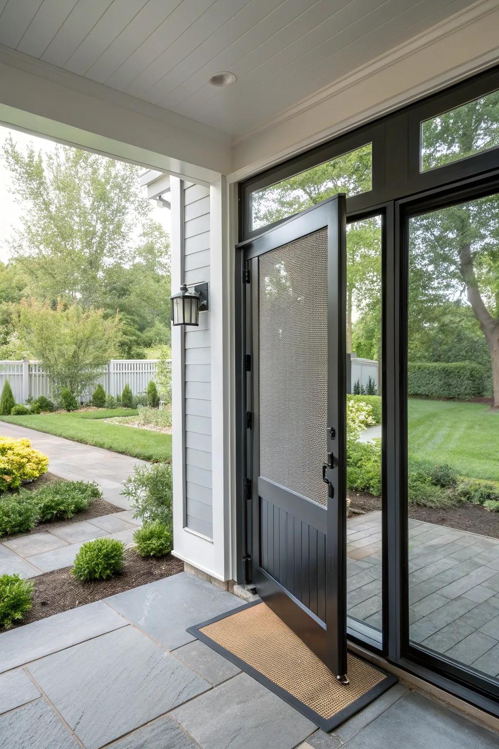 Hidden screens provide functionality and discretion on this modern porch door.