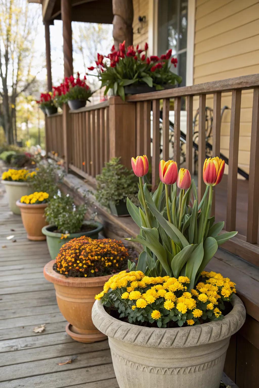 A dynamic porch display with flower pots that change seasonally.